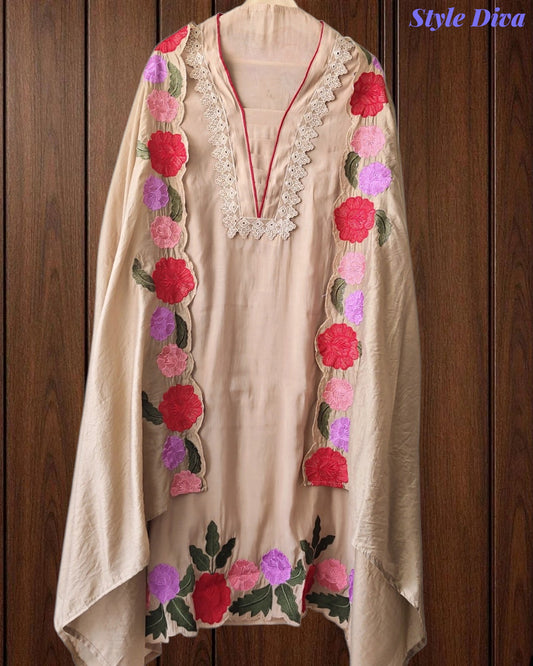 SD1104 - Mul Cotton Unstitched Suit with Crochet Neck Work, Embroidered Dupatta & Delicate Lace Detailing