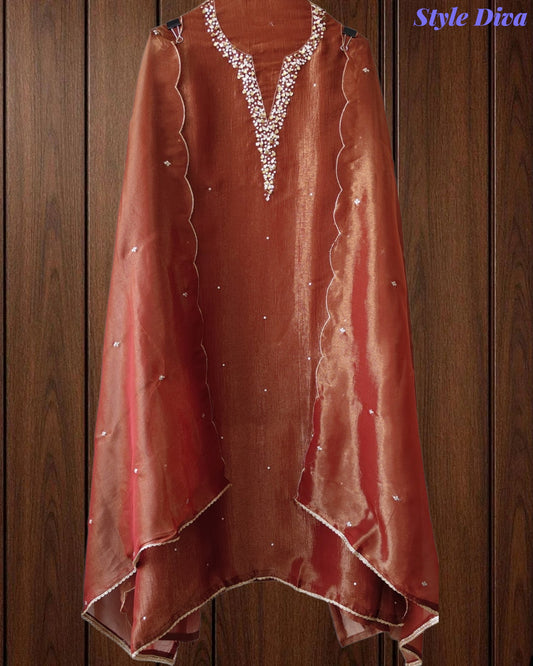 SD1104 - Shimmer Tissue Unstitched Suit with Sequin Neck Work, Scalloped Dupatta & Sequin Highlighting