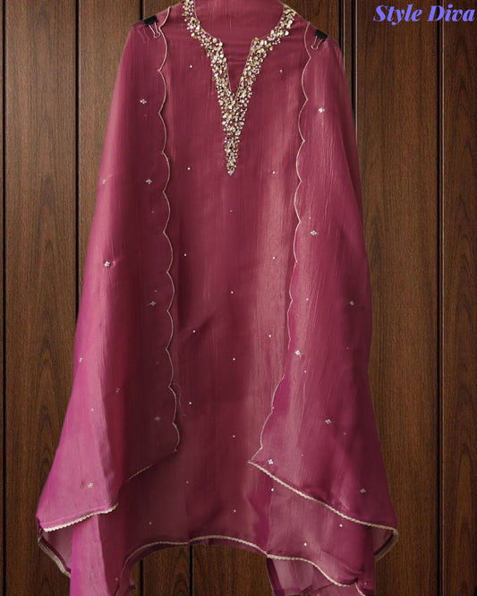 SD1104 - Shimmer Tissue Unstitched Suit with Sequin Neck Work, Scalloped Dupatta & Sequin Highlighting