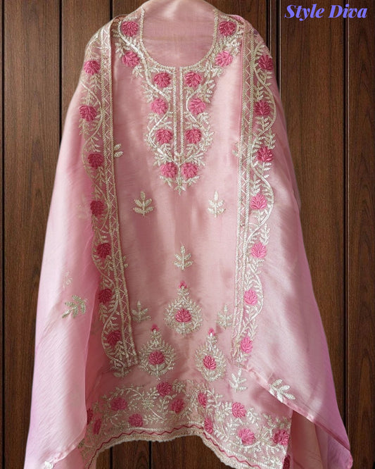 Shimmer Tissue Unstitched Suit with Gotta Work, Embroidery & Matching Embellished Dupatta