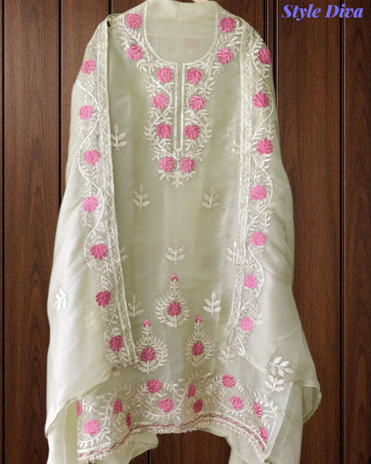 SD1201. Shimmer Tissue Unstitched Suit with Gotta Work, Embroidery & Matching Embellished Dupatta