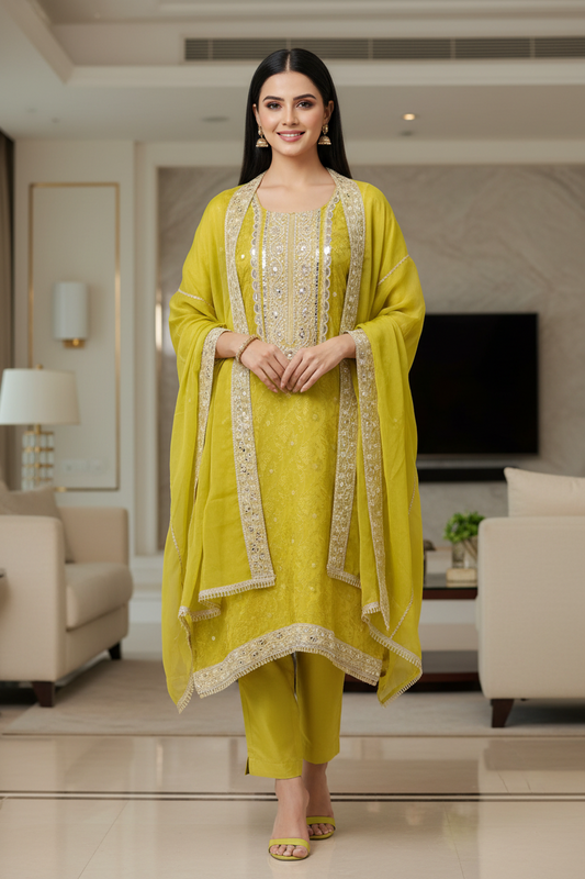 Luxury Shimmer Tissue Kurta Set with Pearl–Mirror Embellishment