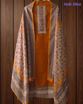 Winter Wear- Elegant Pashmina Winter Suit Set with Printed Neck & Daman Accents