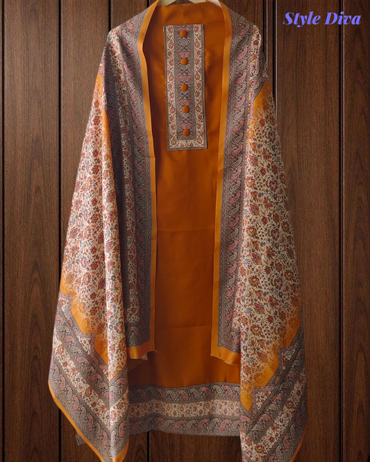 Winter Wear- Elegant Pashmina Winter Suit Set with Printed Neck & Daman Accents