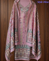 (Peach)Winter Wear- Elegant Self Embroidery Pashmina Floral Printed Winter Suit Set