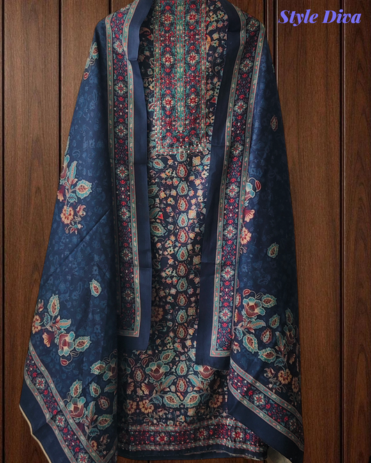 Winter Wear-Elegant Pashmina Floral Kantha Work Winter Suit Set
