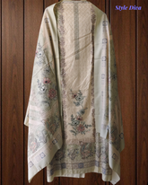 (Biege)Winter Wear- Elegant Self Embroidery Pashmina Floral Printed Winter Suit Set