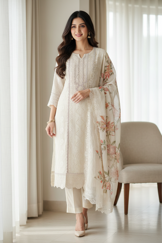 Georgette Lucknowi Embroidered Un-Stitched Suit with Crochet Lacing & Digital Print Dupatta