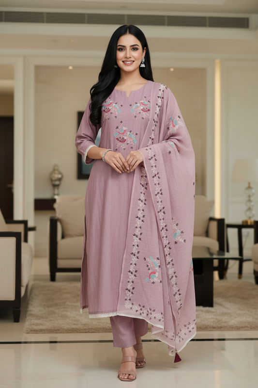 Cotton Linen Digital Print Unstitched Suit with Crochet Lacing & Zari Highlights
