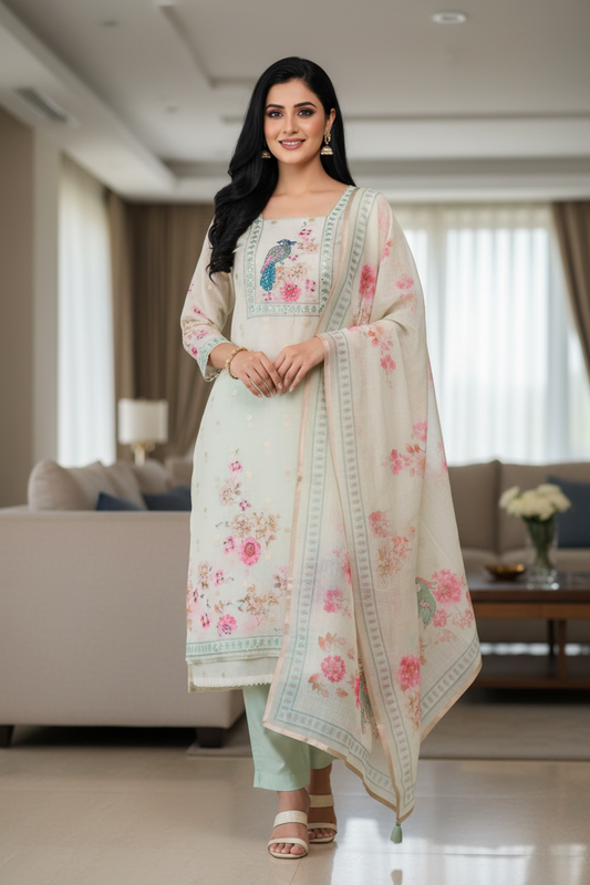 Graceful Kota Digital Print Suit with Highlighting Knot Work