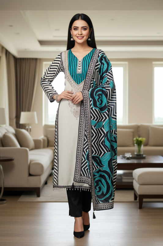 Trending - Muslin Digital Print Semi-Stitched Suit with Mirror Highlighting