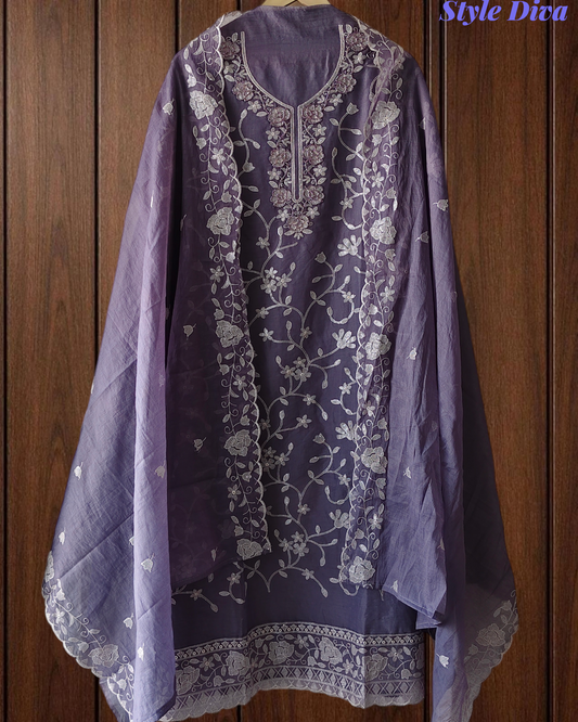 Mul Chanderi Pearl & Sequence Work Unstitched Suit with Scalloped Dupatta