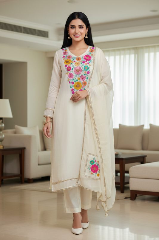 Organza Colorful Embroidery Un Stitched Suit with Jute & Crochet Lace and Matching Dupatta