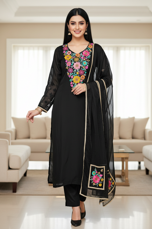 Organza Colorful Embroidery Un Stitched Suit with Jute & Crochet Lace and Matching Dupatta