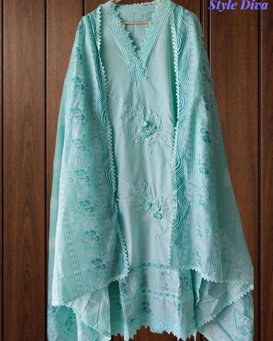 Cotton Printed Suit Set with Crochet Lacing & 3D Texture Work