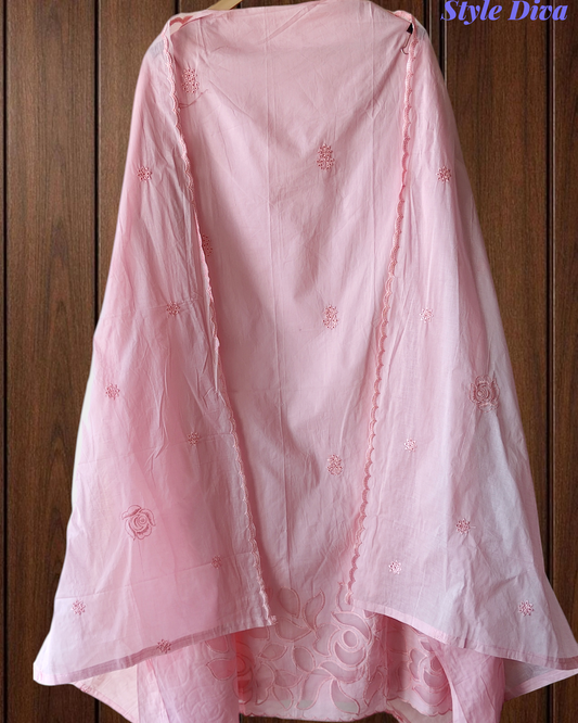 Cotton Laser Cut & Embroidered Unstitched Suit with Scalloped Dupatta (3 Pc Set)
