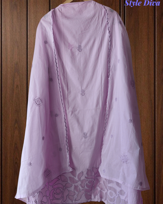 Cotton Laser Cut & Embroidered Unstitched Suit with Scalloped Dupatta (3 Pc Set)