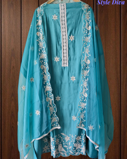 Modal Embroidered Unstitched Suit with Organza Dupatta and Crochet Lace Detailing