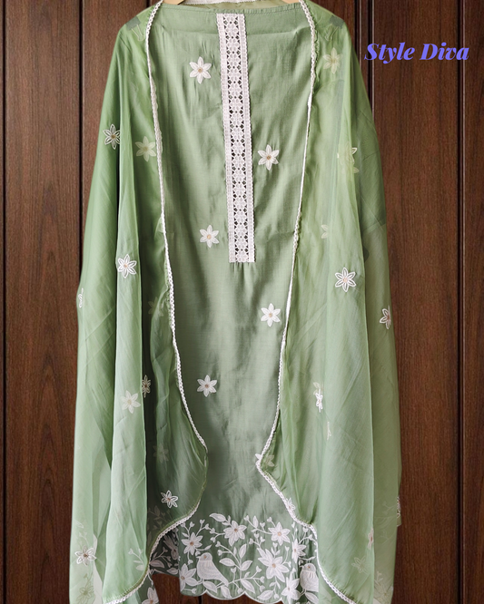 Modal Embroidered Unstitched Suit with Organza Dupatta and Crochet Lace Detailing