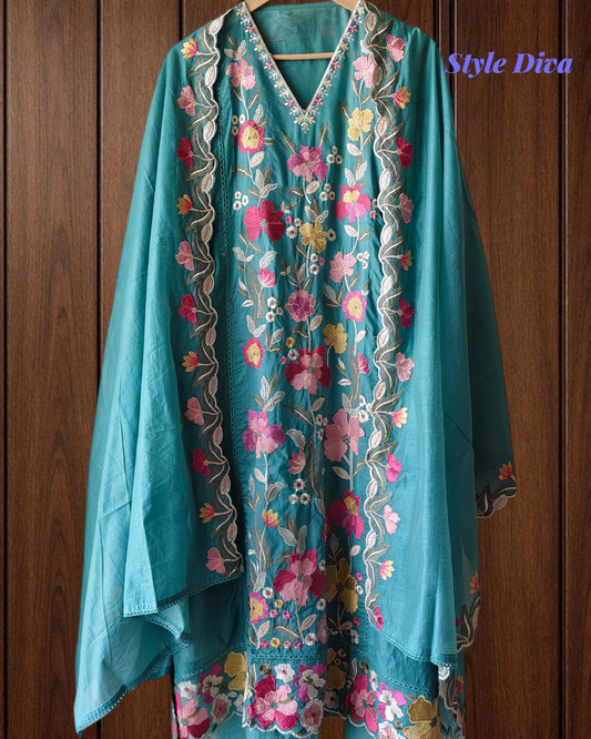 Soft Mul Chanderi Embroidered Unstitched Suit with Scalloped Dupatta