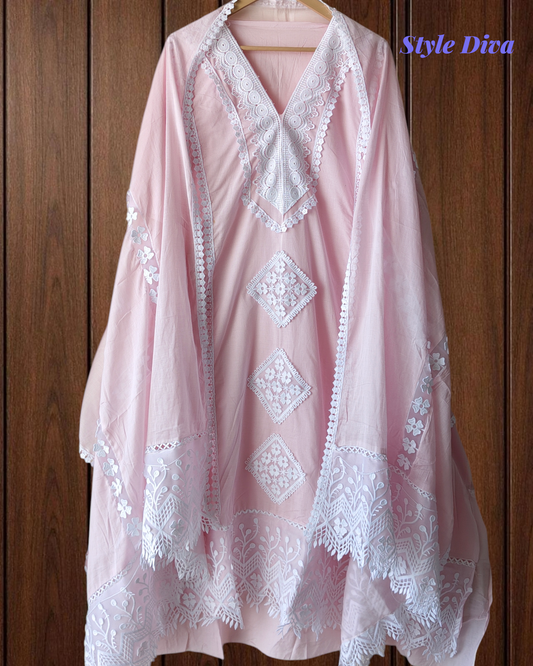 Cotton Pakistani Style Crochet Lace Unstitched Suit with Mul Cotton Designer Dupatta