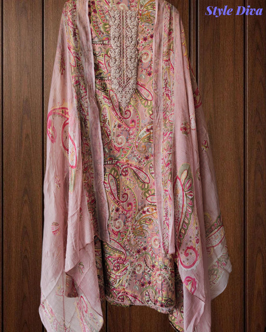 Pure Cotton Digital Print Unstitched Suit with Zari Patch Work & Chiffon Dupatta