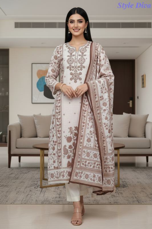 Linen Digital Print Unstitched Suit with Highlight Embroidery and Linen Dupatta