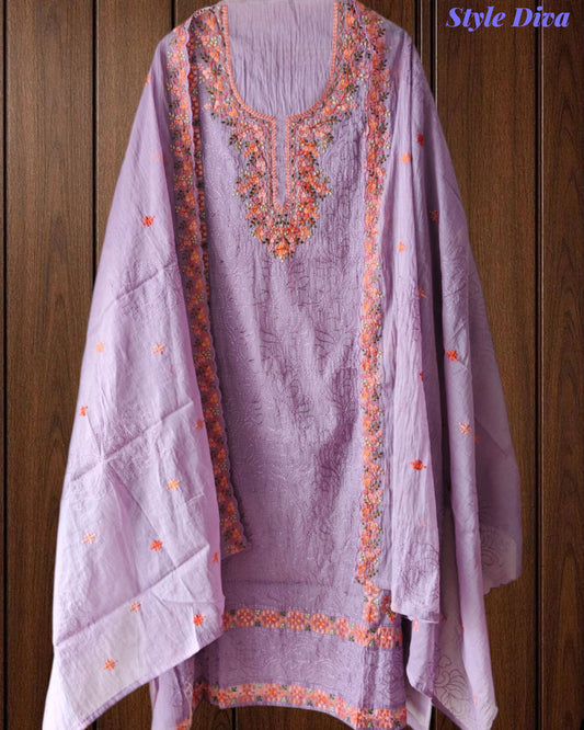 Mul Chanderi Lucknowi Work Un-Stitched Suit with Matching Dupatta (3 Pc Set)