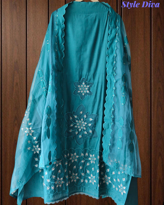 Modal Laser Cut Appliqué Work Unstitched Suit with Organza Dupatta