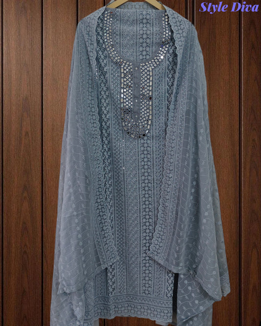 Georgette Lucknowi Embroidery Unstitched Suit with Mirror Work & Scalloped Dupatta (3 Pc Set)