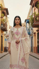 Linen Digital Print Unstitched Suit Set with Pearl Highlighting
