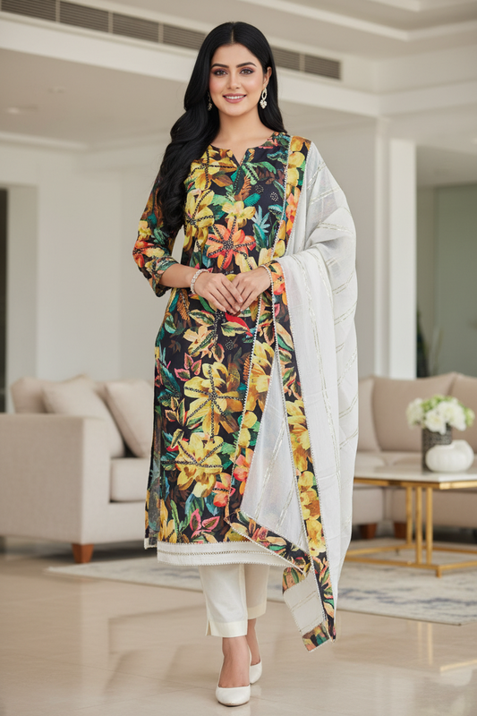 Cotton Faux Mirror Work Unstitched Suit with Gotta Work Dupatta