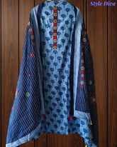 Pure Cotton Printed Embroidery Un-Stitched Suit with Mul Cotton Dupatta & Tassels