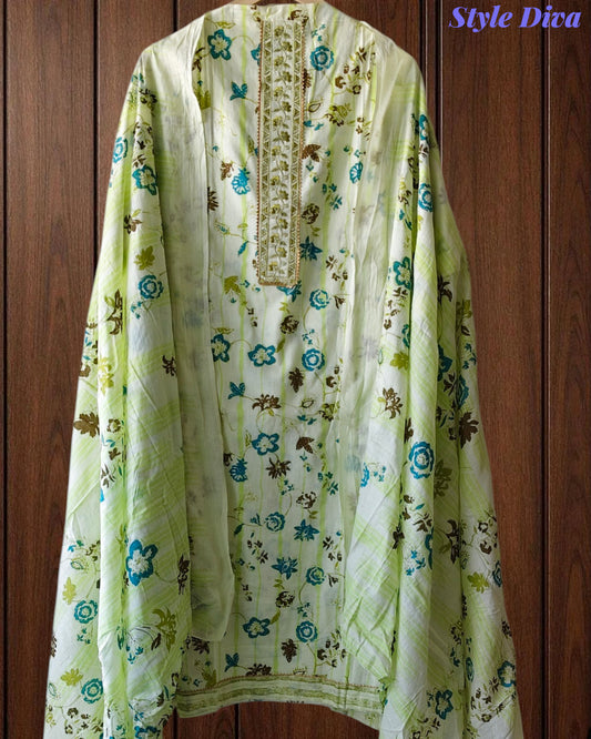 Pure Cotton Printed Unstitched Suit with Neck Work & Mul Cotton Dupatta