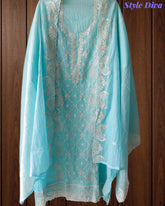 Mul Cotton Chikan-Kari & Zari Embroidered Unstitched Suit with Scalloped Embroidery Dupatta