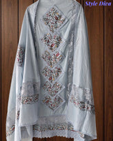 (Light Blue)-Mul Cotton Pakistani Style Embroidered Unstitched Suit with Crochet Lacing Dupatta