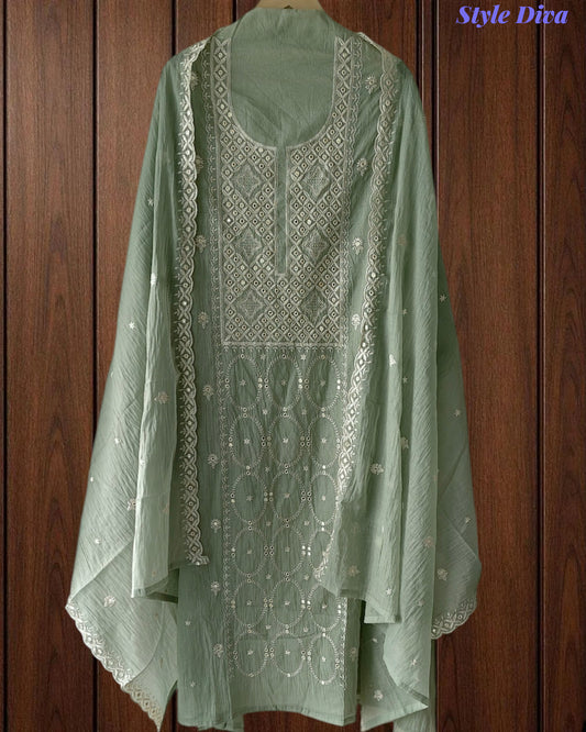 Mul Cotton Embroidered Faux Mirror Highlighted Unstitched Suit with Dupatta