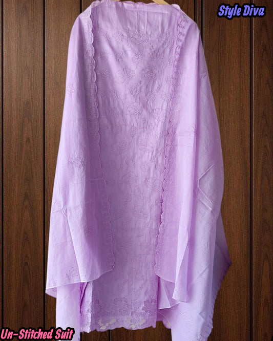 Pure Cotton Thread Embroidered Unstitched Suit with Scalloped Dupatta