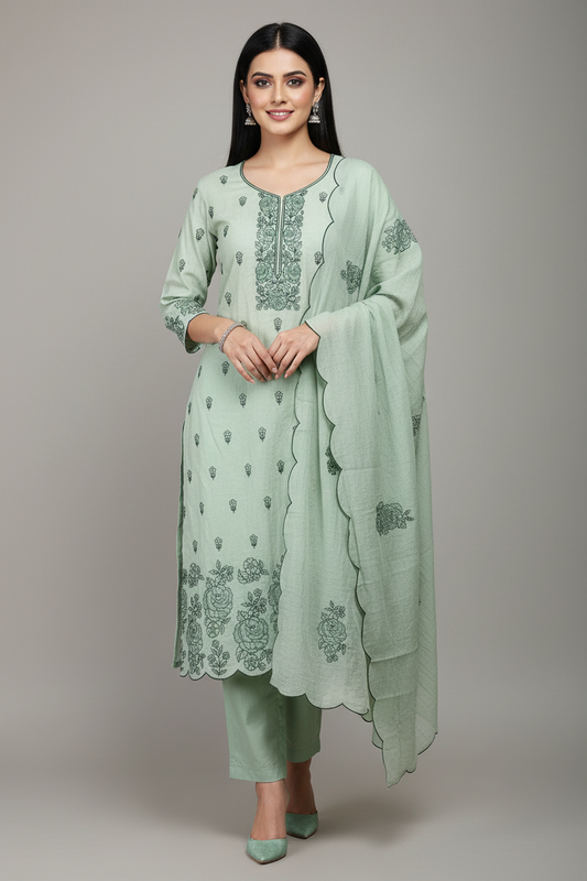 Crush Mul Cotton Embroidered Unstitched Suit with Scalloped Dupatta