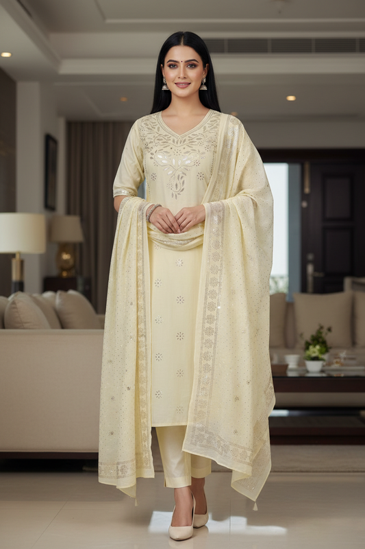 Mul Cotton Mukeish Work Un Stitched Suit With Mul Cotton Dupatta