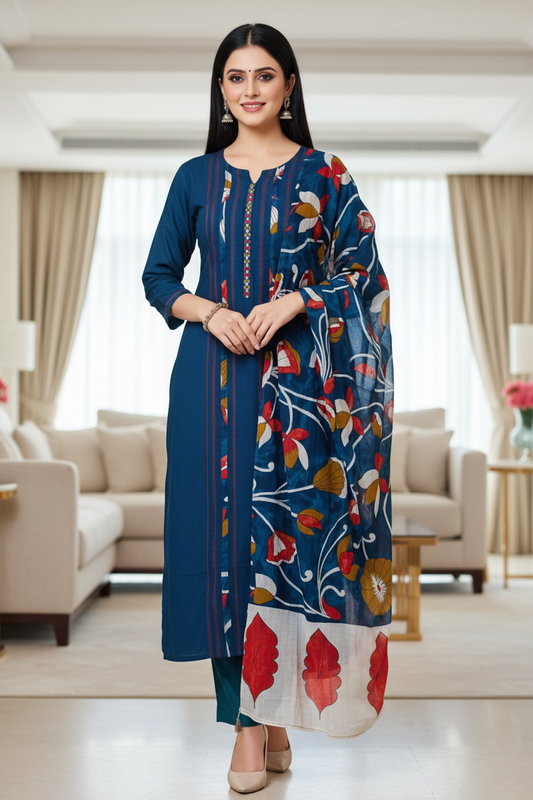 Cotton Kantha Embroidery & Pin-Tucks Unstitched Suit Set with Digital Print Dupatta