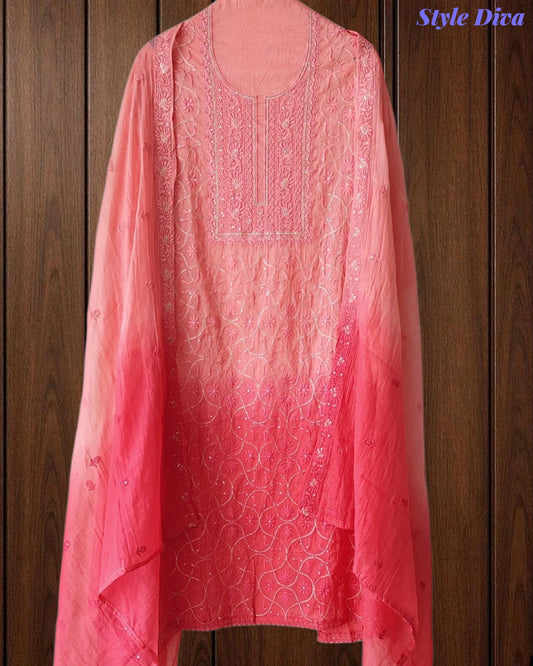 SD1223 - Mul Cotton Unstitched Suit with Ombre Effect, Overall Embroidered Kurta & Matching Dupatta
