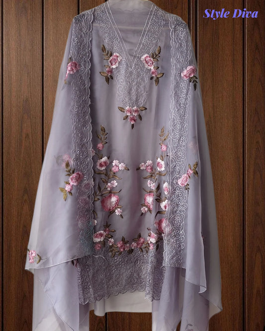 SD1211 -Premium Twill Organza Unstitched Suit Set with Dual Embroidery & Scalloped Dupatta