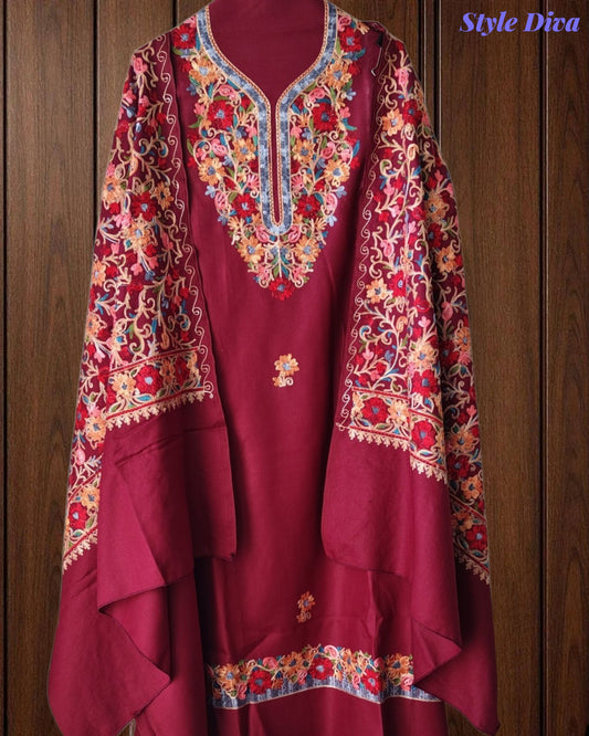 SD1238 - Winter Wear - Timeless Kashmiri Embroidered Pashmina Un-Stitched Suit