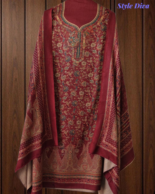 SD1236 - Winter Wear-Pashmina Unstitched Suit with Floral Digital Print, Highlighted Kurta and Matching Dupatta