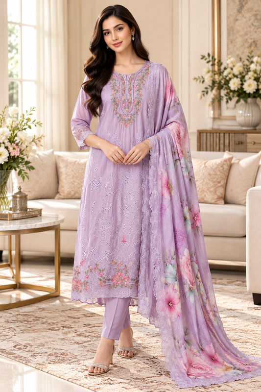 SD1128 - Designer Twill Burberry Unstitched Suit with Laser Cut Work, Hand Embroidery & Scalloped Chiffon Dupatta