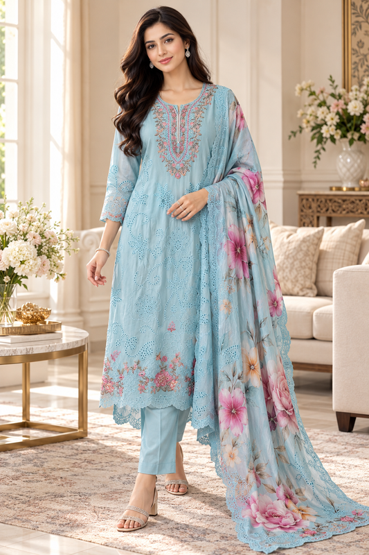 SD1128 - Designer Twill Burberry Unstitched Suit with Laser Cut Work, Hand Embroidery & Scalloped Chiffon Dupatta