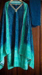 Muslin Digital Printed Ombre 3-Piece Fully Stitched Suit with Hand Work & Shantoon Pants