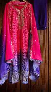 Chinnon Ombre Digital Printed 3-Piece Fully Stitched Suit with Sequin Embroidery & Shantoon Pants