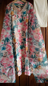 Chanderi Floral Digital Print Kurta Set with Organza Scalloped Dupatta – 3-Piece Fully Stitched Suit